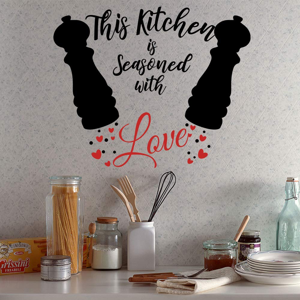 Funny Family Kitchen This Kitchen is Seasoned with Love Vinyl Wall Art Decal Sticker, Family Home Decor Removable Vinyl for Dining Room Living Room Blank Wall (11.8''×23.6'')