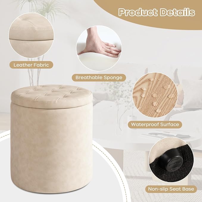 oakvivo Faux Leather Round Ottoman with Storage 12.6" W x 14.17" H & 14.76" W x 17.32" H Set of 2, Small Boucle Coffee Table Footstool with Removable Lid for Living Room, Bedroom, Beige