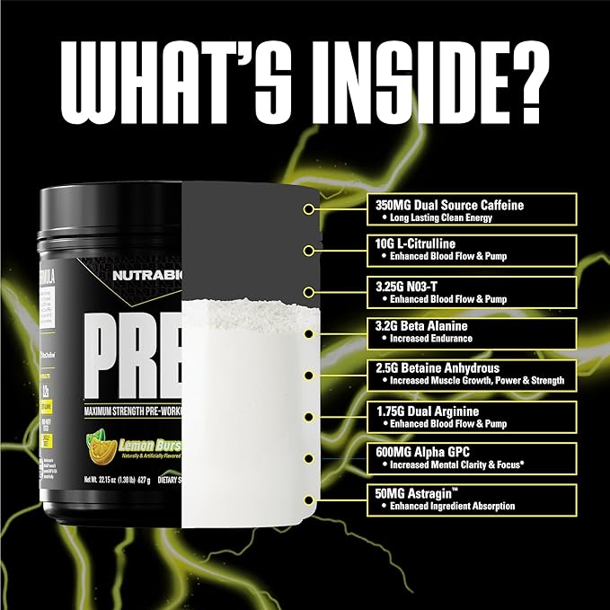 NutraBio Preworkout Powder, Lemon Burst| Explosive Energy, Laser Focus, Extreme Pumps| Pre Workout for Men & Women| Performance, Endurance, Power Complex, Caffeine, Electrolytes