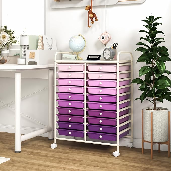 COSTWAY 20-Drawer Rolling Storage Cart, Utility Storage Organizer Cart for Tools, Scrapbook, Paper, Craft, Multipurpose Storage Trolley on Wheels for Home Office School, Purple Gradient