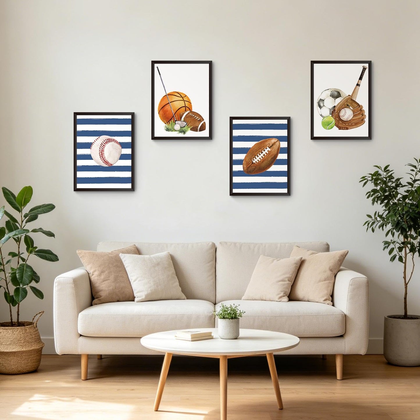 Hapons Sport Themed Wall Art Decor Posters, Basketball Baseball Football Soccer College Teen Boys Men Kids Room Bedroom Playroom Dorm Wall Art Prints, Aesthetic Tennis Golf Blue Striped Nursery Wall Decor Sport Lover Gifts 8''x10'' 4 PCS Unframed