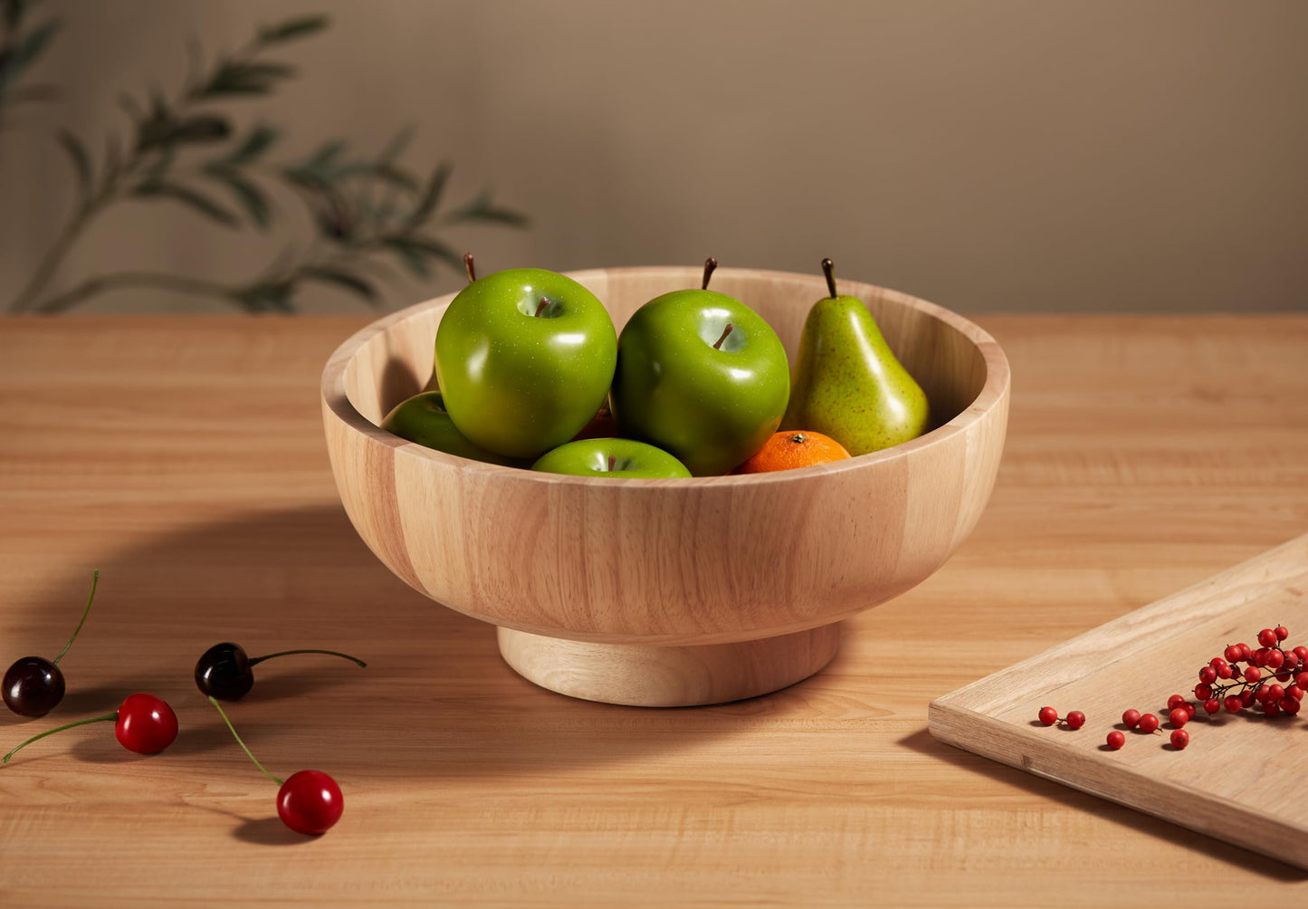 IVE Design Wood Fruit Bowl for Kitchen Counter, 12-inch Diameter Large Wooden Fruit Bowl, Natural Wood
