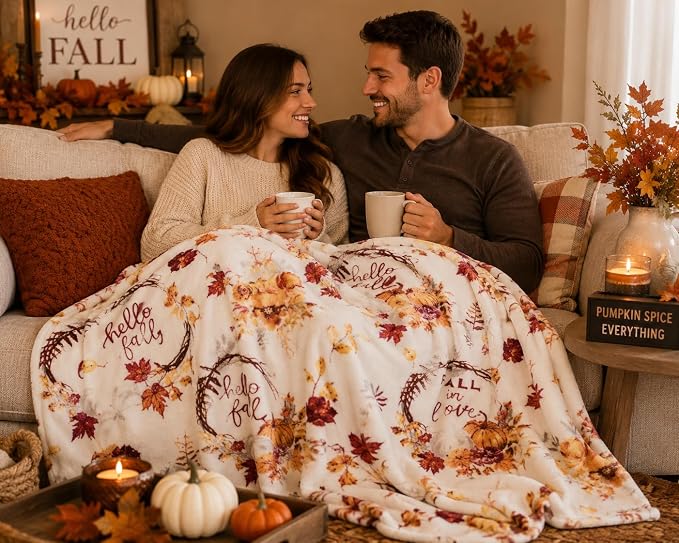 Serafina Home Fall Fleece Throw Blanket: Soft Harvest Hello Fall Pumpkin Floral Design, Autumn Colors on White, 70" x 50"