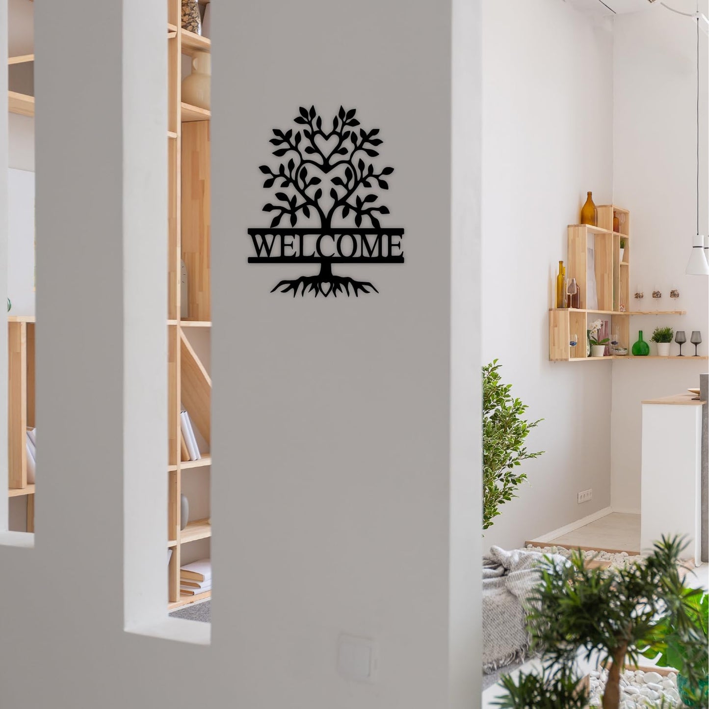 12" x 9.74" Black Metal Welcome Sign for Front Door, Tree of Life Wall Art Decor, New Home Welcome Porch Sign, for Home Living Room Office