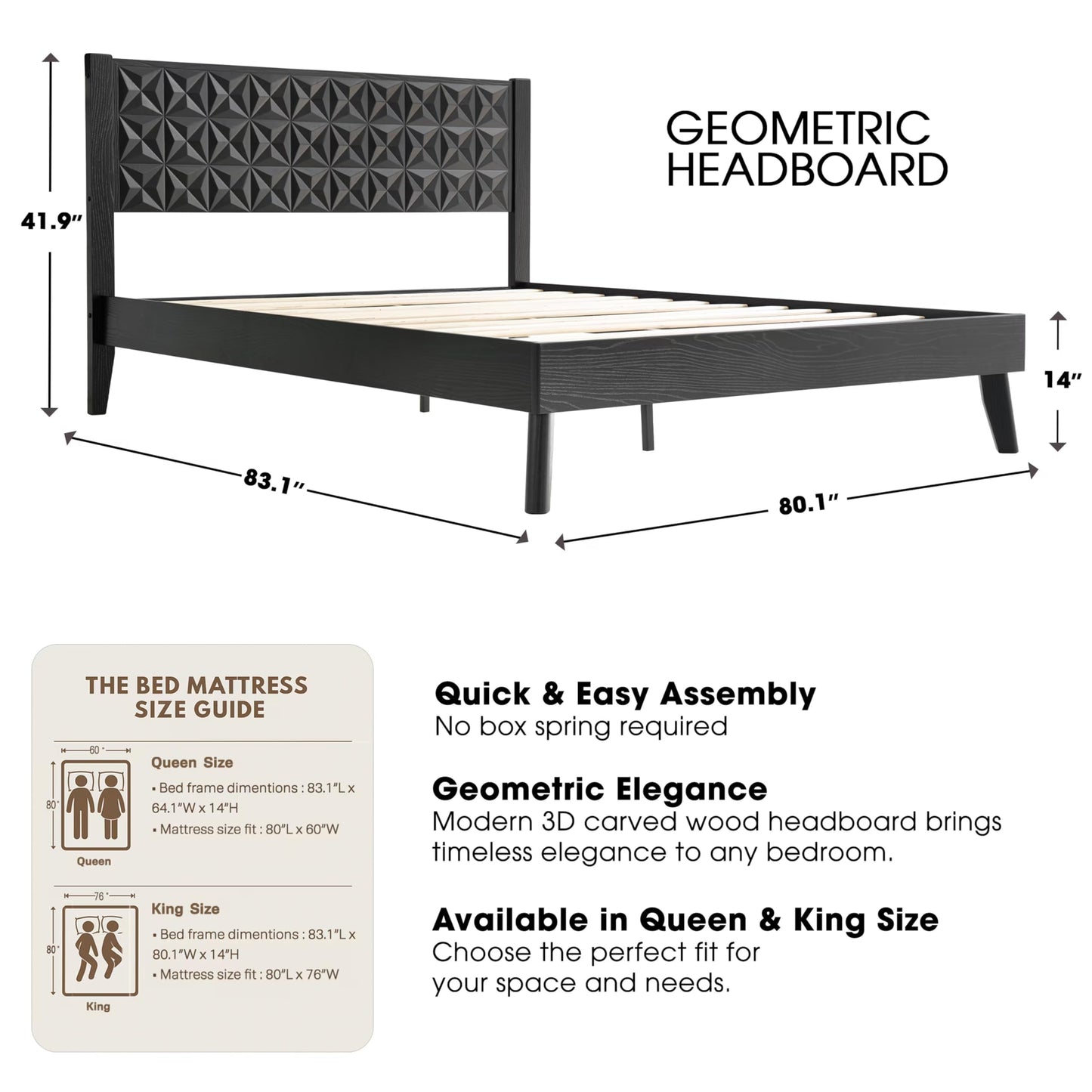 King Size Platform Bed Frame with Solid Wood Headboard & Footboard, 12 Sturdy Slatted Base with Central Metal Legs, Noise-Free & Slip-Free, Easy Assembly, No Box Spring Needed, Ebony Oak Finish UPK-35