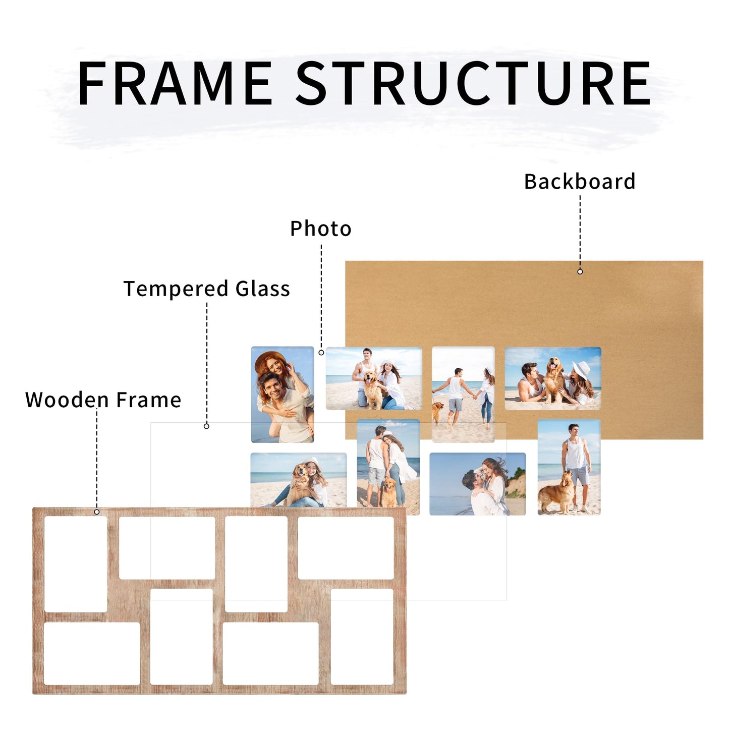 YESKAY 4x6 Picture Frame Collage for Wall Decor,Multiple Photo Collage Frames with Tempered Glass,8-Opening for 4 x 6 Picture Frames,Rustic Brown,1 Pack(OD:11.75X21in)