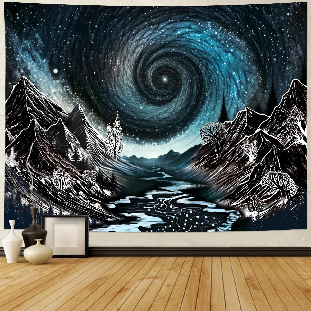 Maccyafst Black and White Mountain Tapestry Trippy Galaxy Stars Tapestries Magical Starry Night Tapestry Sketched Forest Trees Wall Hanging Nature River Landscape Background for Bedroom