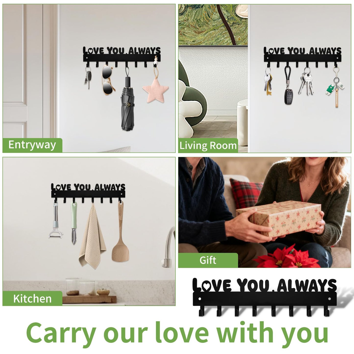 Key Holder Wall Mount & Love You Always Sign Key Holder, Key Hooks with 8 Hooks, Key Holder for Wall Self Adhesive, Key Rack for Wall No Drill for Entryway, Front Door, Hallway, Living Room - Black