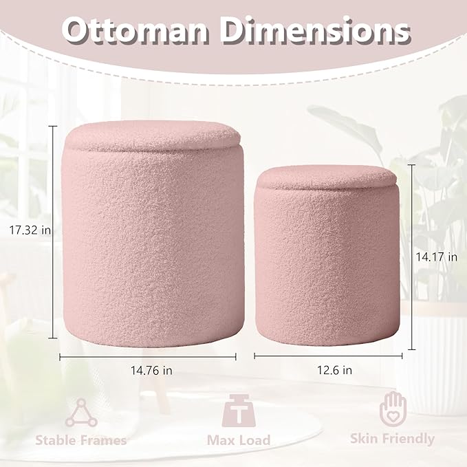 Royal Windsor Boucle Round Ottoman with Storage Set of 2,Small Foot Stool Ottoman for Living Room, Small Coffee Table,Vanity Stool with Storage for Bedroom, Pink