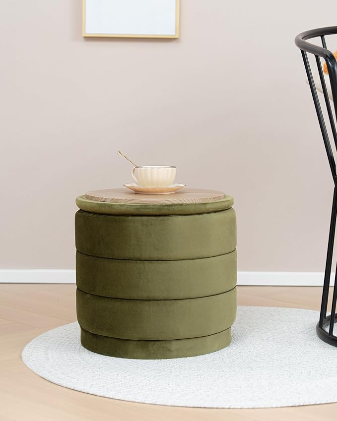 B FSOBEIIALEO Round Velvet Storage Ottoman with Tray, Folding Ottoman with Storage Coffee Table Foot Rest for Dorm Room, Living Room Olive, 15.35"x15.35"x14.57"