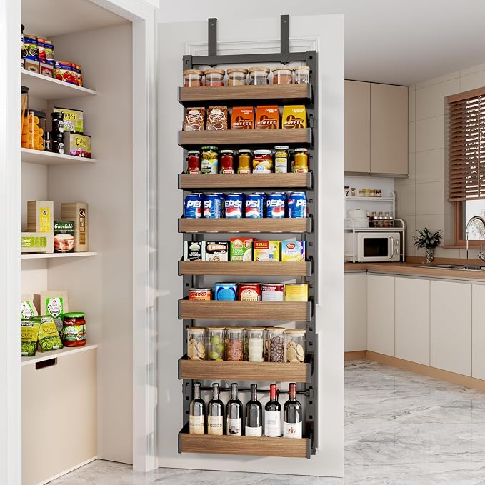 8-Tier Over The Door Pantry Organizer, Heavy-Duty Metal Wall Mount or Hanging Spice Rack, behind the door storage Shelves with Adjustable Basket, Back of Door Organizer for Kitchen Cabinet and Closet