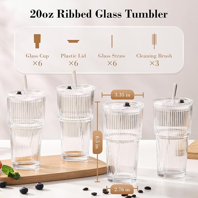 GOSCHE 20oz Glass Cups with Lids and Straws, Reusable Iced Coffee Cups, Thickened Glass Tumbler Set Ideal for Juices, Smoothies, Cocktails, and Beverage, Clear, 6 Pack