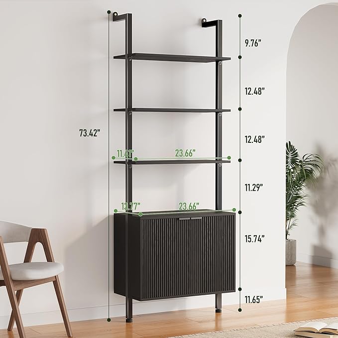 INNOD 74" Tall Bookshelf with Storage Cabinet, Modern Ladder Shelf with Wood and Metal Frame, Wall Mount Bookcase Open Display Shelf Furniture for Living Room, Bedroom, Home Office，Black