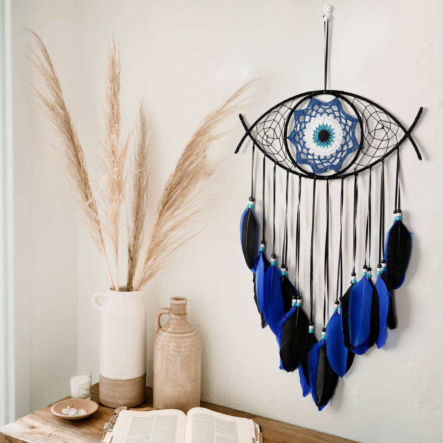 Dremisland Evil Eye Dream Catcher-Blue Black Dream Catchers Handmade Feather Evil Eye Wall Hanging Ornament Home Decor for Bedroom Livingroom Yard, Blessing Craft Gift Bring Good Luck (Blue-Black)