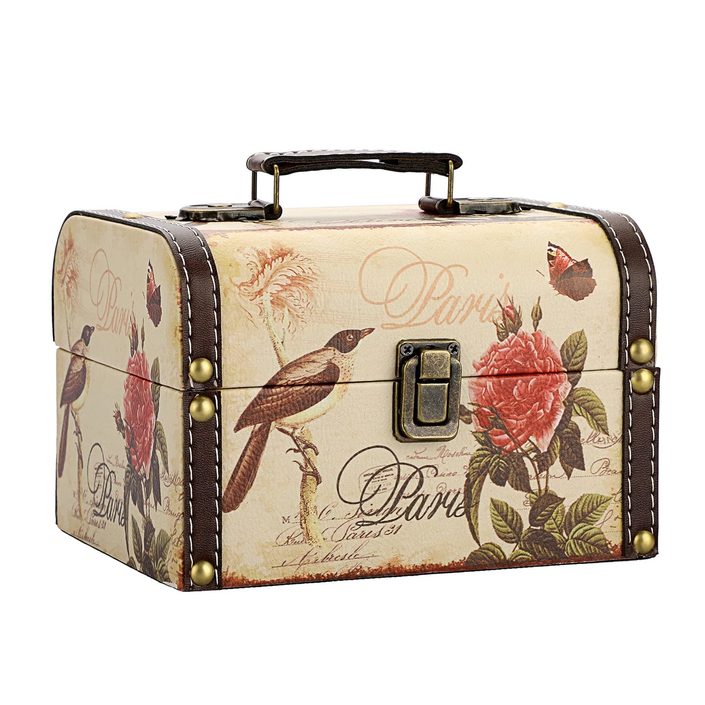 ELLDOO Decorative Treasure Chest Box, Wooden + PU Leather Storage Box for Jewelry Trinkets, Keepsakes box for Girls Women Gifts (Bird + Flower Pattern)