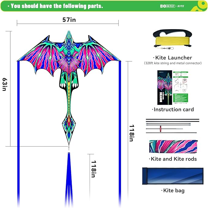 Kite- Classical Dragon Kite ，Pink Wings Dragon Kites for Kids and Adults,Easy to Fly for Beginner Easter 57.1inch x 63inch Single Line with Tail, for Family Outdoor Games and Activities