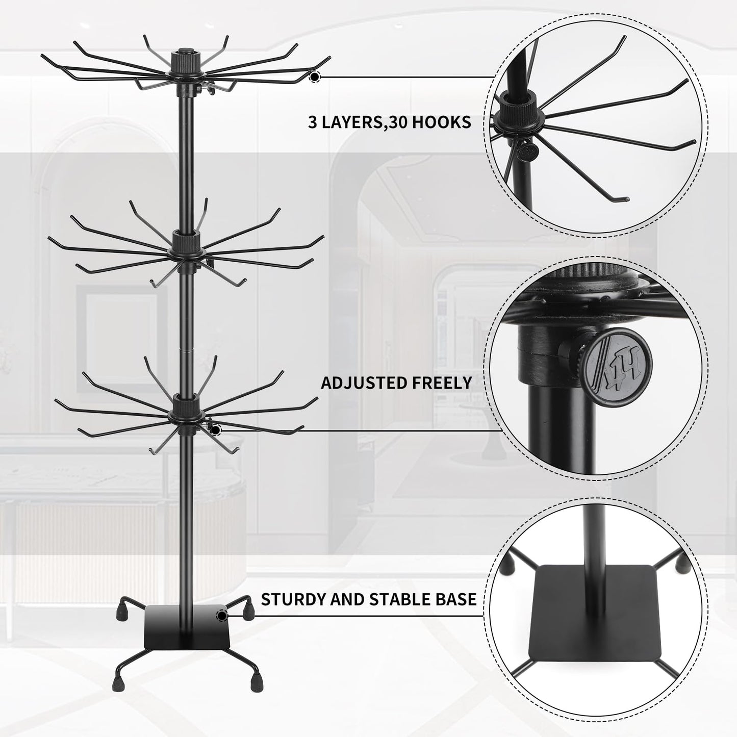 bahforam 2 Pcs 3-Tier Rotating Jewelry Display Stand, 28.35 inch Tall Floor-Standing Metal Rack with 60 Hooks Total (30 per Stand), Adjustable Tiers, Black - Necklaces, Earrings, Keychains