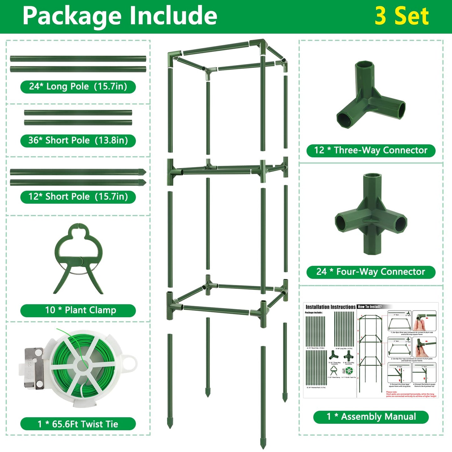 SprintGy 3 Pack Square Tomato Cages, 49'' Tall Heavy Duty Steel Tomato Trellis Kit for Garden, Plant Support Tower Stakes Cucumber Pepper Trellis for Climbing Vegetable Flowers