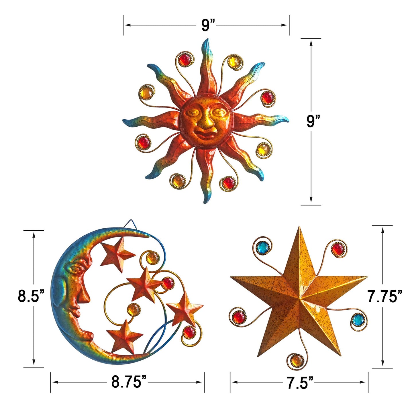 Limygus Metal Wall Art Sculpture, Set of 3 - Celestial Wall Decoration - Sun Moon Star Decorative Silhouette - Waterproof Wall Hanging Decor for Home Office, Bedroom, Bathroom, Living Room
