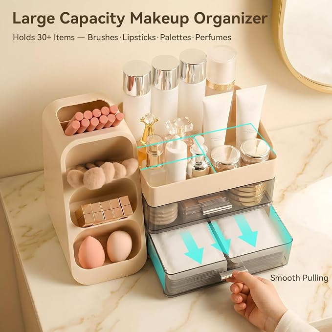 Brothersbox Makeup Organizer with Brush Holder for Vanity, Large Countertop Skincare Storage with 2 Drawers, Holds Lipsticks, Nail Polishes, Perfumes, Brushes - Gift for Women, Cream