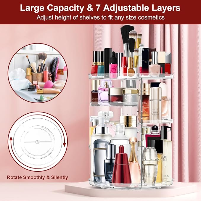 Makeup Organizer 360 Degree Rotating Cosmetic Organizer DIY Adjustable Makeup Carousel Spinning Holder Rack, Large Capacity Cosmetic Storage Box Makeup Brushes Organizer for Vanity Countertop (Clear)