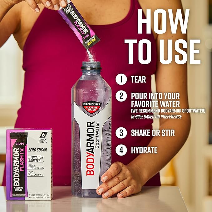 BODYARMOR Flash IV Electrolyte Packets, Grape - Zero Sugar Drink Mix, Single Serve Packs, Coconut Water Powder (6 Count)