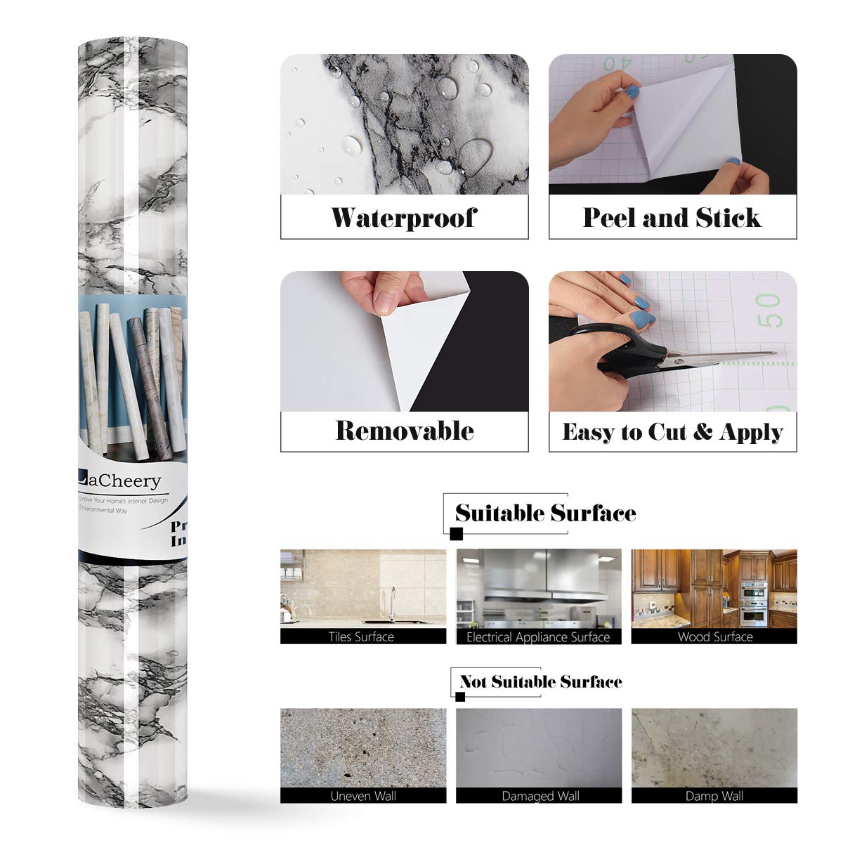 LaCheery White and Gray Marble Contact Paper for Bathroom Countertops Removable Glossy Marble Paper Granite Gray/White Wallpaper Peel and Stick for Wall Cabinets Counter Top Waterproof Vinyl 15.8"x80"