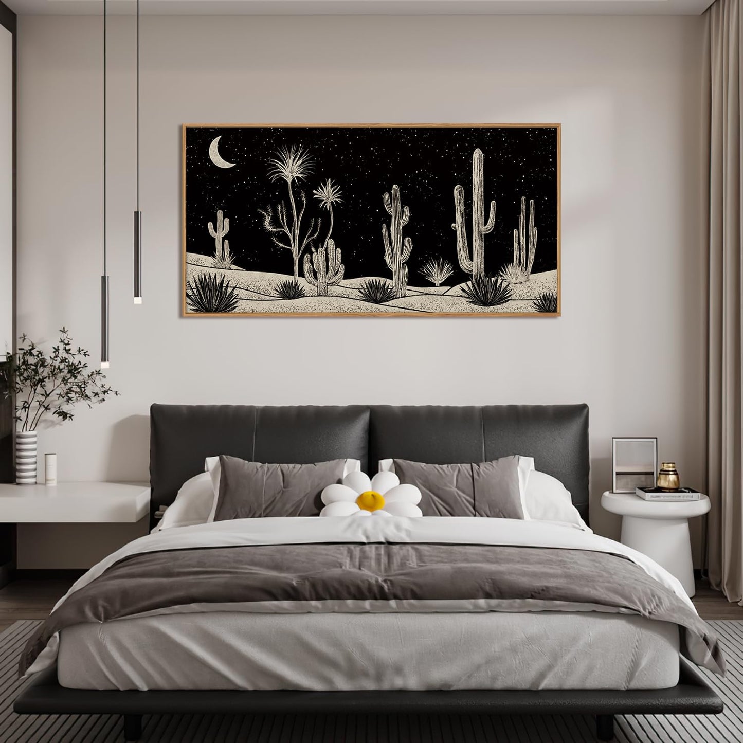 DRACIT Desert Night Cactus Framed Canvas Wall Art Set,Southwestern Black and White Landscape Wall Decor,Rustic Wooden Mid Century Boho Moon Artwork for Living Room,Bedroom-20 x40