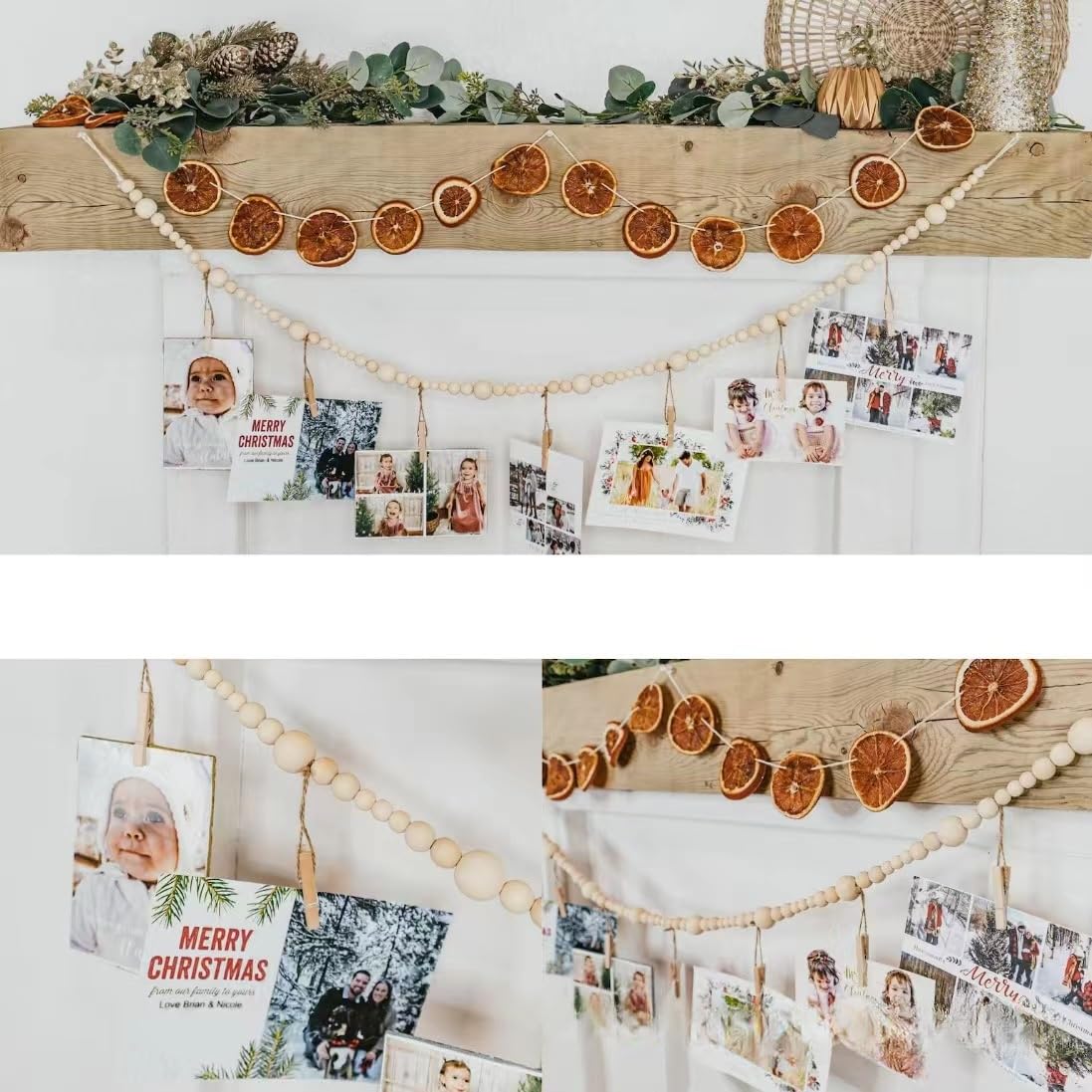 2PCS Hanging Photo Display Wall Decor,Boho Wooden Bead Garland Picture Hanging String with Clips for Dorm, Bedroom, Living Room, Office Cubicle Decor, Art Display Hangers for Artwork