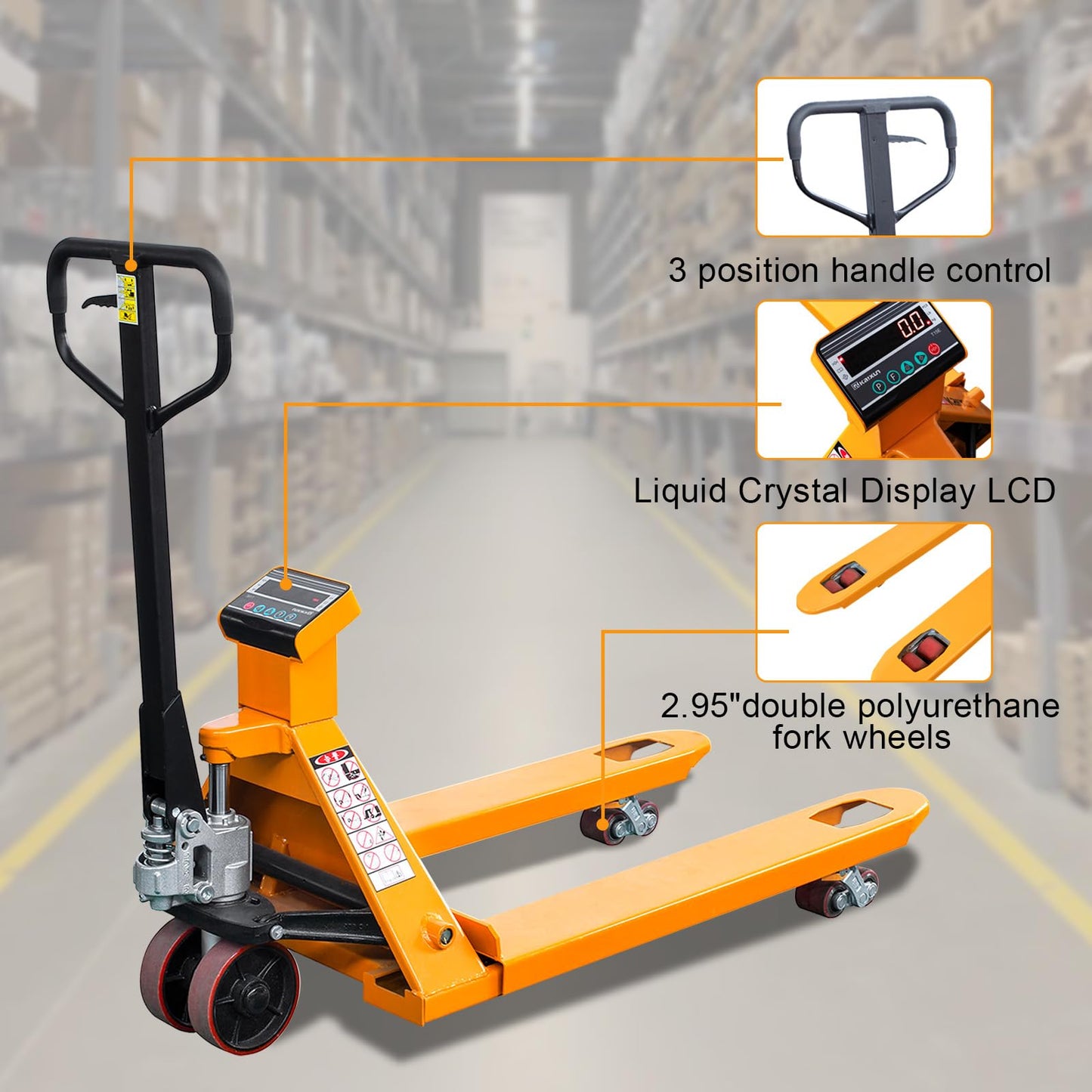UNISOAR Scale Pallet Jack 4400Lbs Capacity, 45" x 27" Forks, Lb/Kg Switchable Electronic Scale Hydraulic Hand Pallet Truck, for Warehouse, Supermarket, Logistics Center