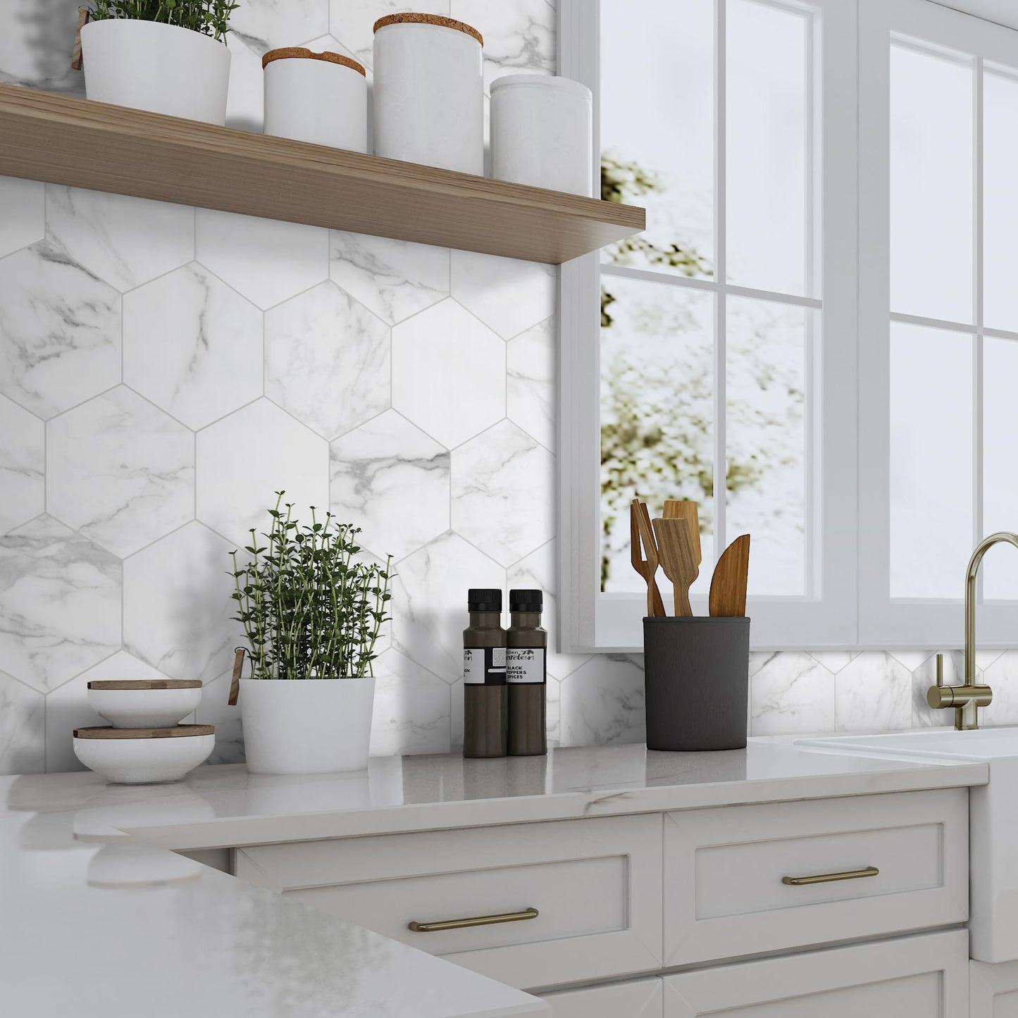 INNO STICKERS 45-Sheet Hexagon Peel and Stick Backsplash, 6" x 7" White Calacatta Marble Looks Self Adhesive Wall Tile, Stone Composite Stick on Decorative Mosaic Tile for Kitchen Bathroom Fireplace
