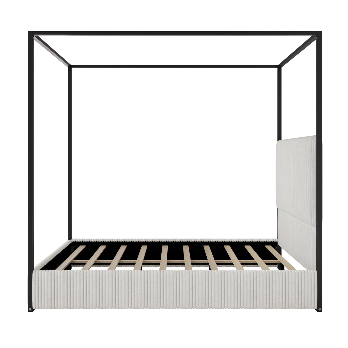 Merax Modern Luxury Queen Metal Canopy Bed with Tall Upholstered Headboard, Gold Four Poster Bed, No Box Spring Needed, White