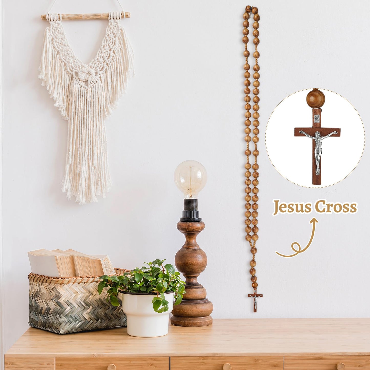 Quelay 42 Inches Catholic Holy Big Mix Beads Sanctified Rosary Handmade Natural Wood Chain Jesus Cross Large Wall Christian Rosary for Advent Prayer and Christmas Devotions