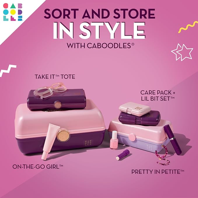 Caboodles On-The-Go Girl Makeup Box, Two-Tone Pink on Violet, Hard Plastic Makeup Organizer Box, Built-In Mirror, Secure Latch for Safe Travel, Spacious Storage for Large Items