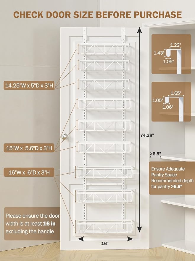 Delamu Adjustable Over the Door Pantry Organizer, 9-Tier Metal Pantry Organization and Storage for Kitchen, Hanging Spice Rack Seasoning Shelves, Cabinet Door Organizer for Easy Install, 16" White