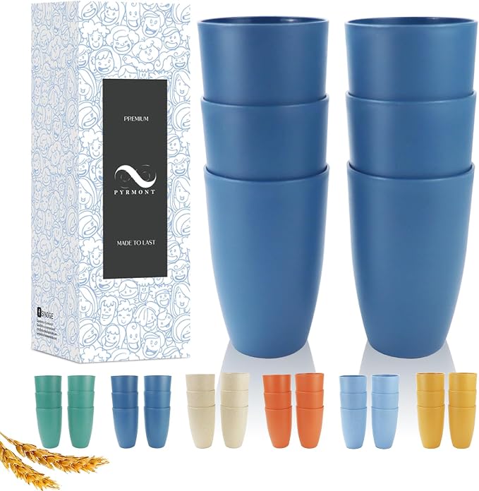 PYRMONT Wheat Straw Cups 20 Oz Alternative Plastic Cups Set of 6 Unbreakable Big Cups for Kitchen Dishwasher & Microwave Safe Large Water Cups for Coffee,Smoothie,Lemonade-Blue