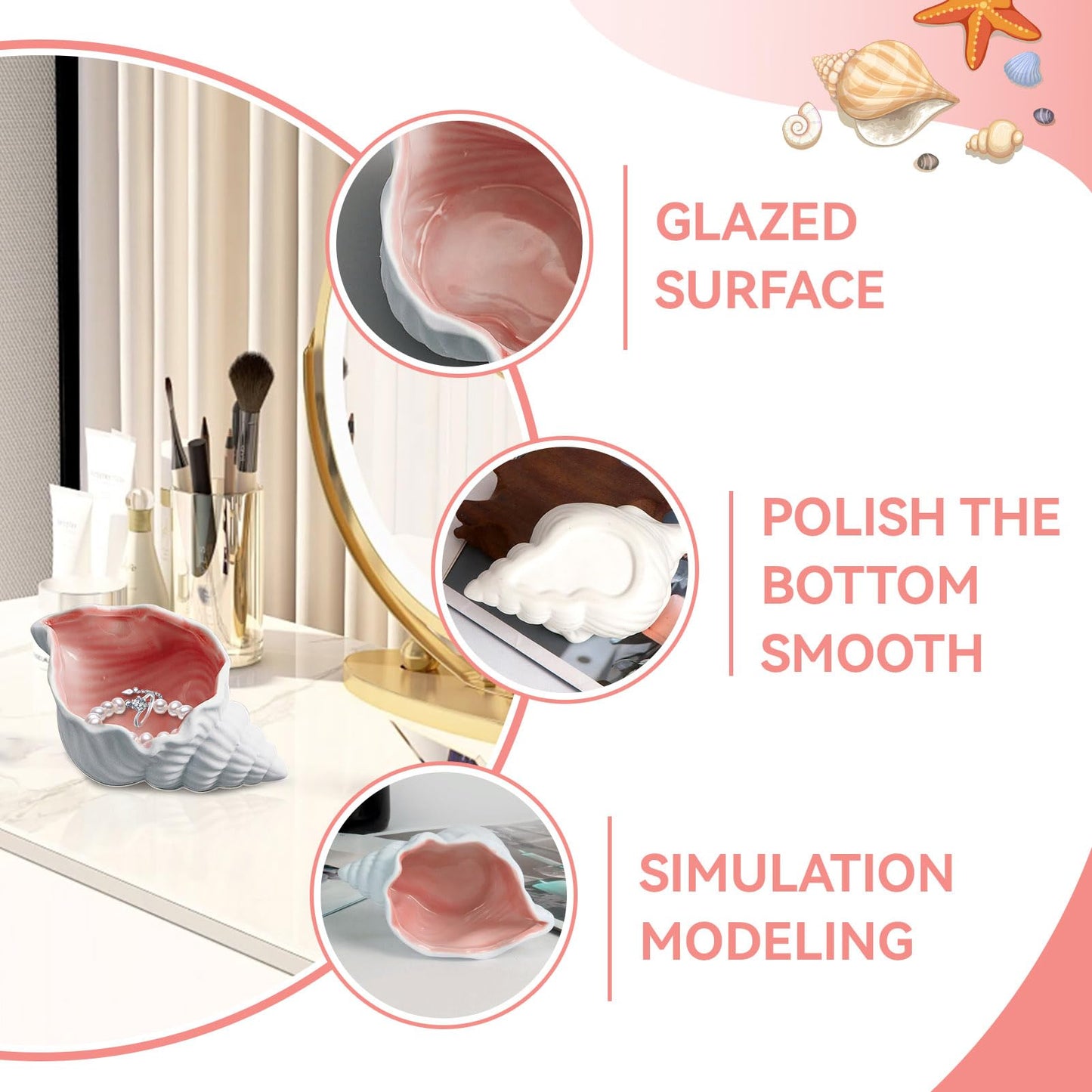 Frdhee Pink Ceramic Conch Jewelry Tray, Conch Shape Jewelry Dish Ceramic Holder Ring Trinket Plate Ocean Coastal Decor Jewelry Plate Tray Key Bowl for Jewelry Christmas Room Beach Decor