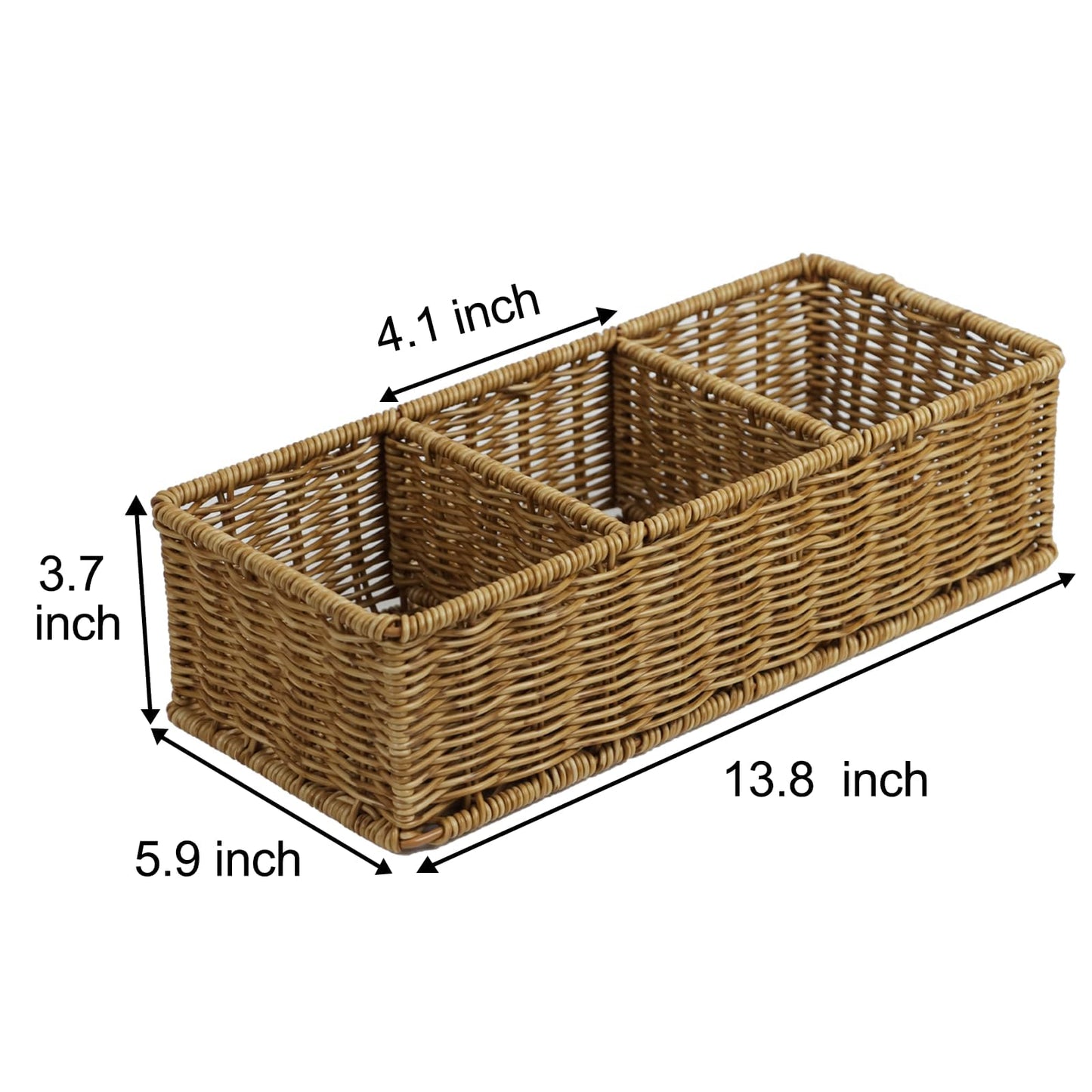 Waterproof Wicker Basket With 3 Compartments, Hand Woven Bathroom Counter Organizer, Small Storage Basket for Toilet Paper Storage, Countertop Shelf Toilet Tank (Light Brown)
