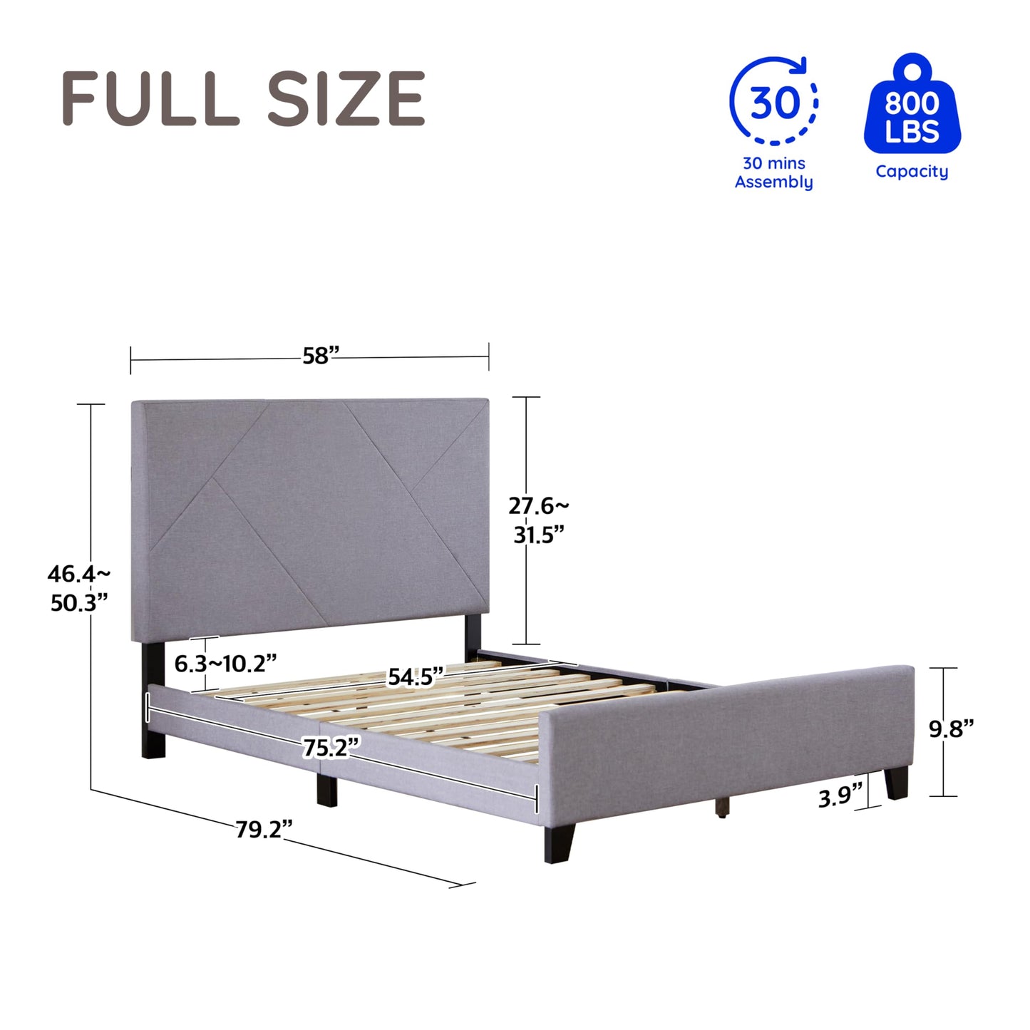 Livinia Stella Full Size Platform Bed, Fabric Upholstered Full Bed Frame with Height Adjustable Headboard Footboard, Strong Wood Slats, No Box Spring Needed, Gray