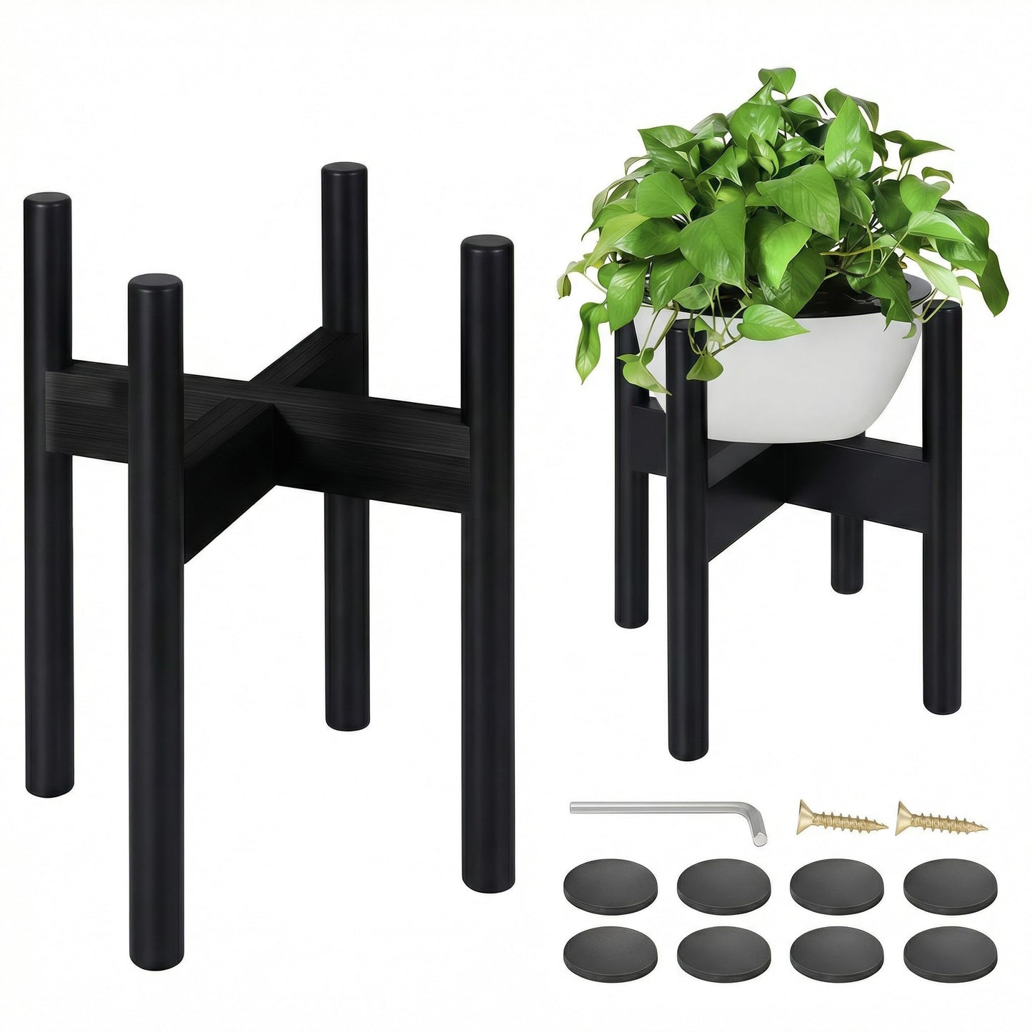 FJO 2Pcs Adjustable Plant Stand Indoor - Bamboo Plant Stands, Bamboo Mid Century Modern Plants Stands, Plant Holder for Living Room Fits 8 to 12 Inches Pots(Pot & Plant Not Included) (Black)