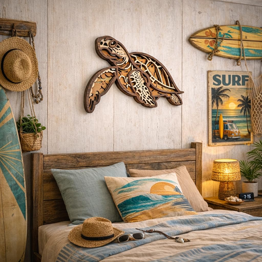 Fossil King Sea Turtle Wall Decor Large 15" – 3D Layered Wood Coastal Wall Art Beach House Ocean Decor