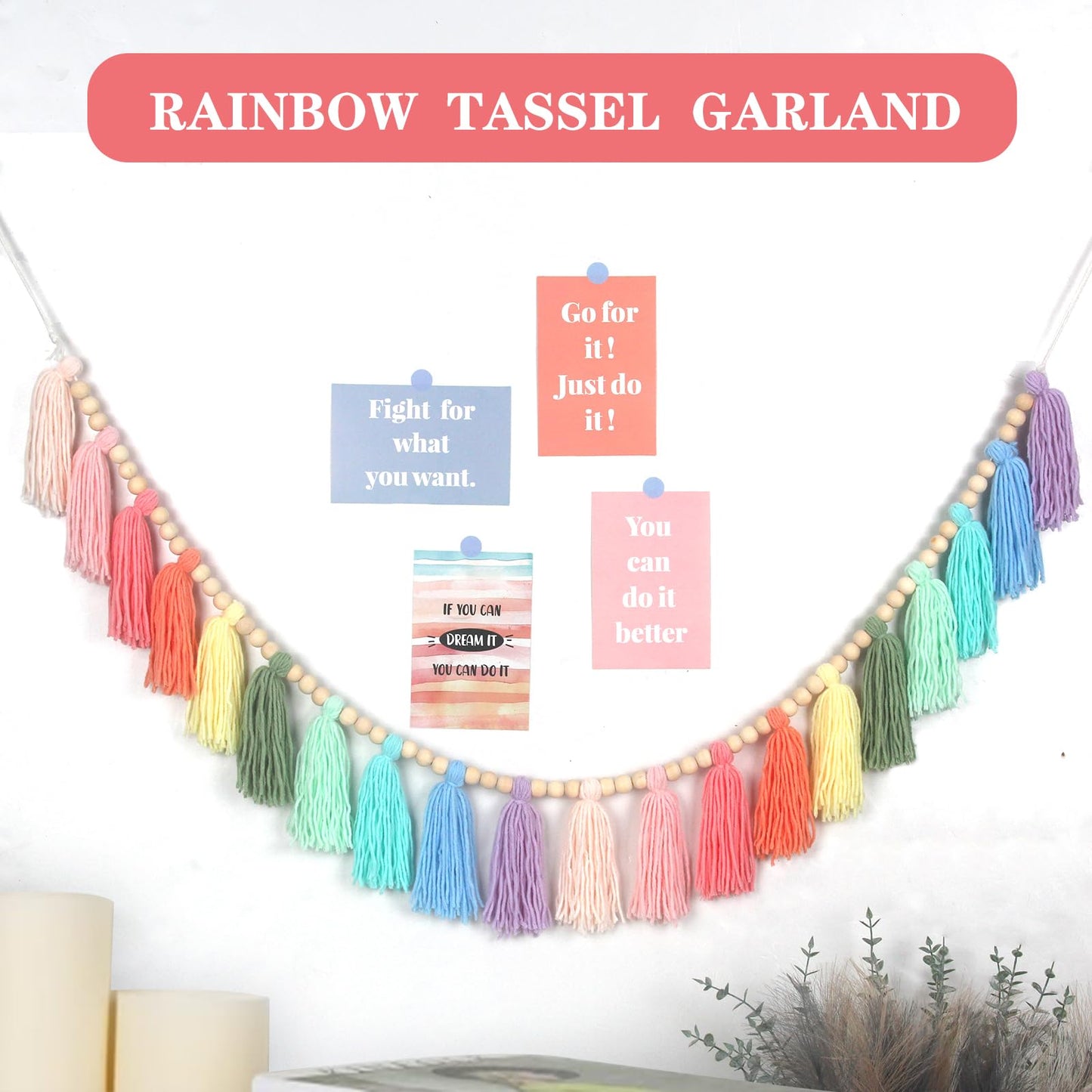 Tasruwat Rainbow Pastel Yarn Wood Bead Tassel Garland Wall Hanging Decor Boho Preppy Bunting Banner Tassels for Spring Easter Nursery Classroom Birthday Party Baby Shower Kids Bedroom Decorations