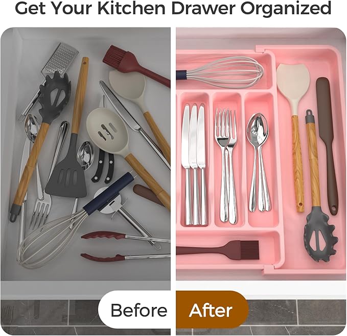 ukeetap Extra Large Expandable Silverware Organizer, BPA-Free Food-Safe Cutlery Flatware Organizer, Kitchen Utensil Drawer Organizer, Adjustable Silverware Holder for Spoons Forks Knives, Pink
