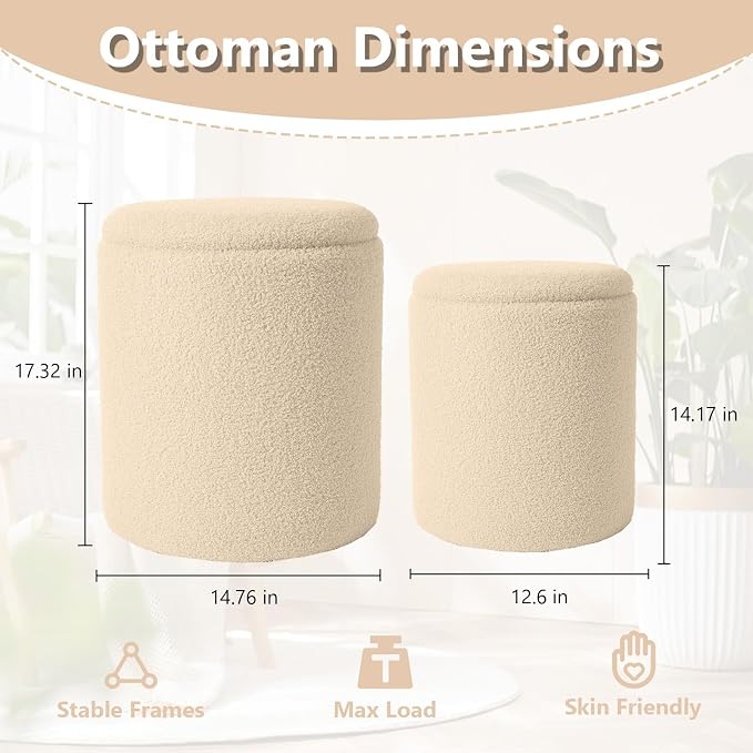 Royal Windsor Boucle Round Ottoman with Storage Set of 2,Small Foot Stool Ottoman for Living Room, Small Coffee Table,Vanity Stool with Storage for Bedroom, Beige