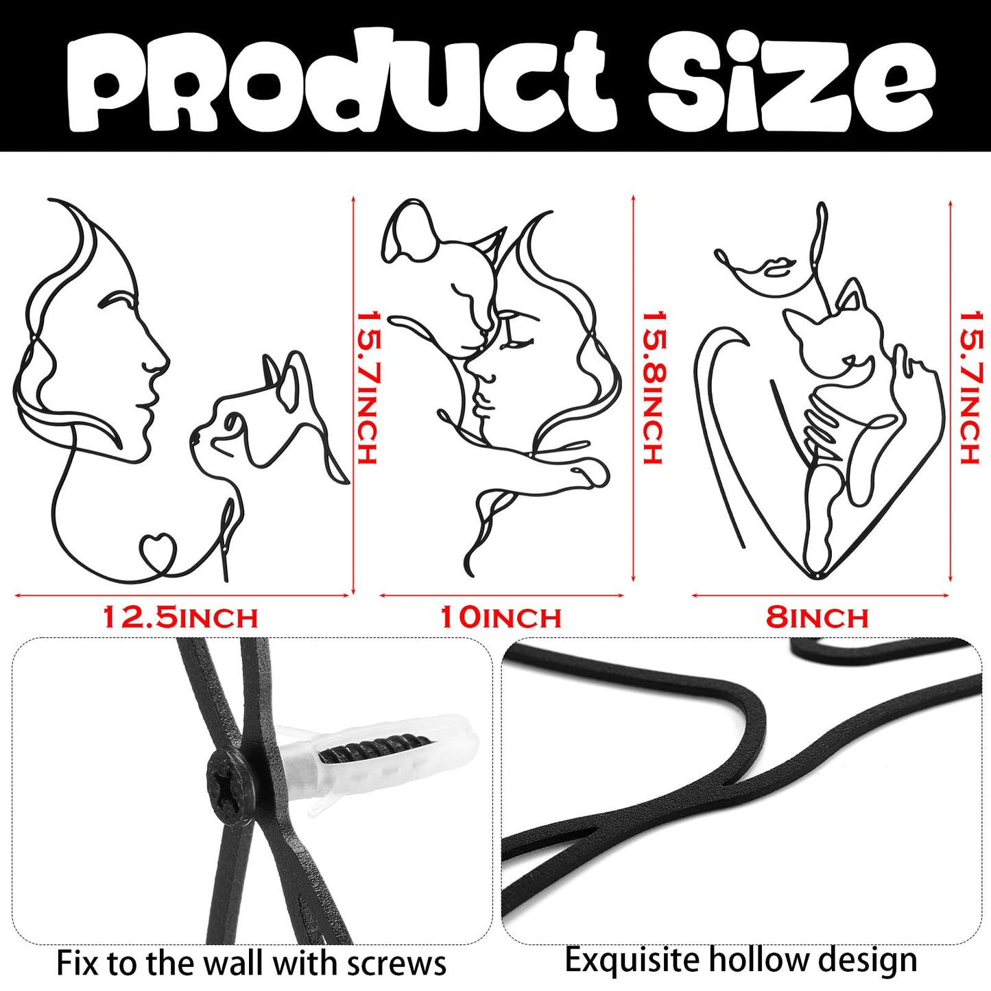 Otoolling 3 Pcs Black Metal Cat Wall Art Decor Women Cats Decor for Cat Lovers Metal Minimalist Girls & Cats Line Drawing Wall Art for Bedroom Living Room Bathroom(Classic)