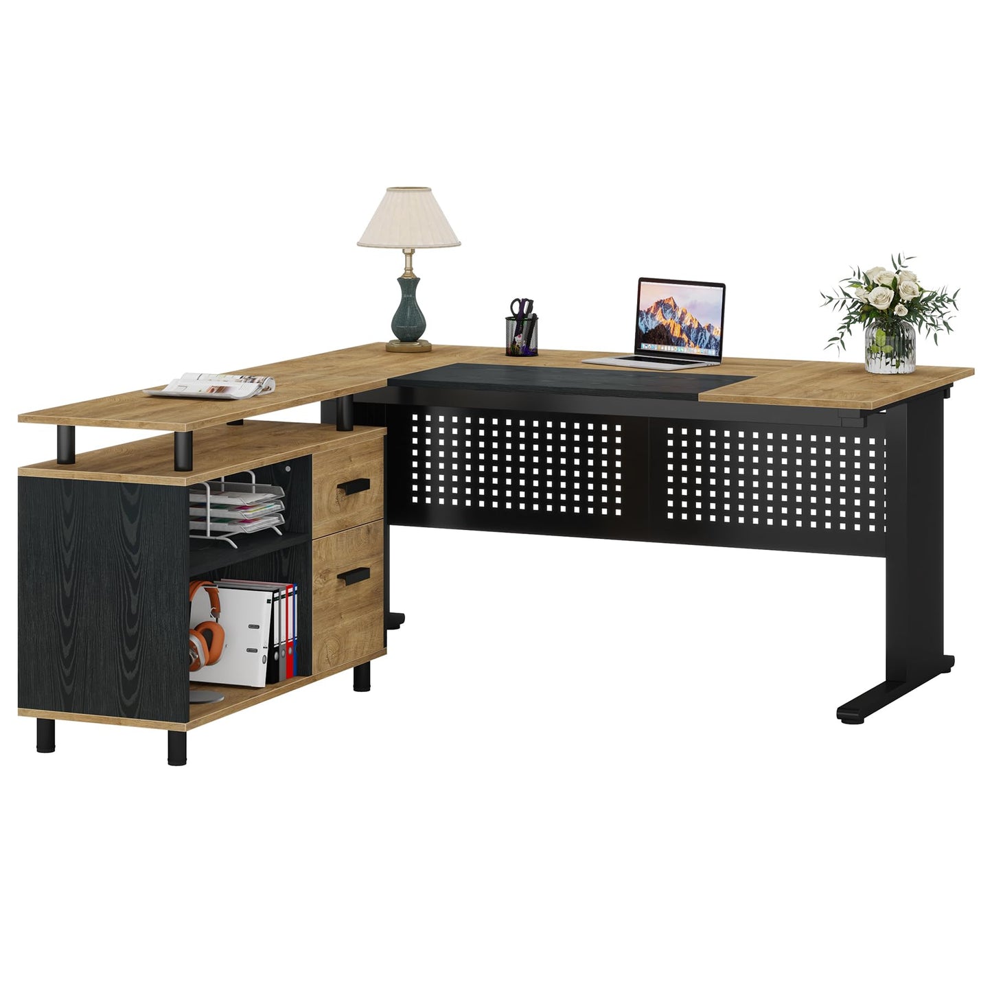 Tribesigns 63 Inch Executive Desk with File Cabinet, Large Office Desk L Shaped Computer Desk with Drawers and Storage Shelves, Business Furniture Desk for Home Office, Wood Color and Black
