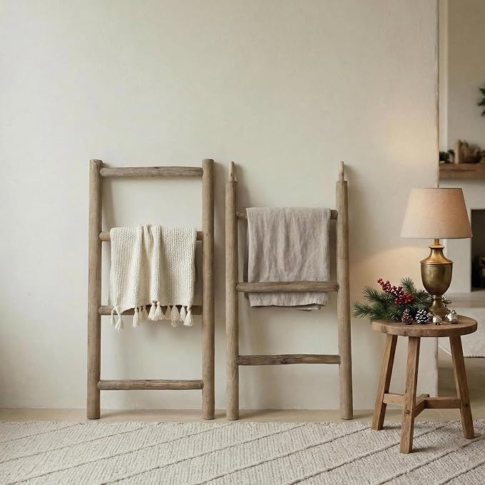 Wooden Blanket Ladder - 76in Natural Wood Color- Leaning Wall Decor for Bedroom, Bathroom, Living Room - Rustic Quilt Holder (Natural Wood Color (Knock Down), 76in(7-Rung) | Knock Down)
