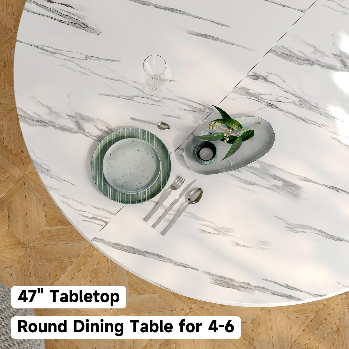Round Kitchen Dining Table for 4-6 People, 47 inch Mid-Century Circle Dinner Tables, Rustic Wood Base in Fluted Design, Space Saving Dining Room Furniture, Large Table Only for Family Party, Marble