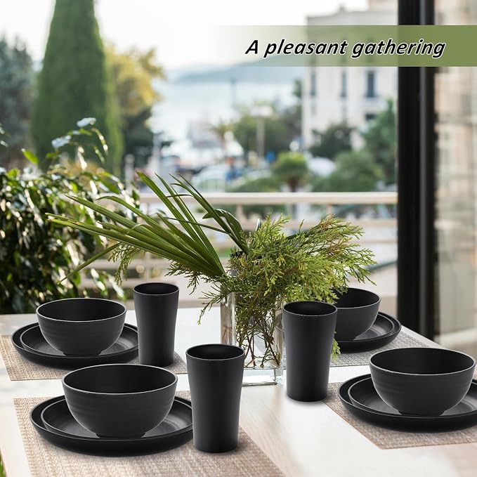 24 Piece Wheat Straw Dinnerware Sets of 6, Kitchen Plates and Bowls Sets, Unbreakable Plastic Dish Set for Camping, Dishwasher Microwave Safe, Kitchen and Dinning Essentials, Black