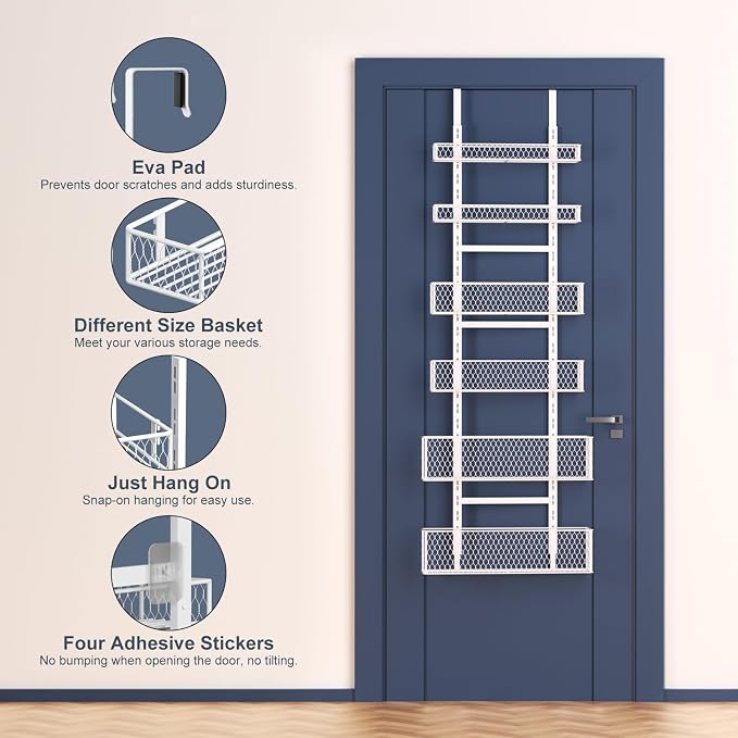 6-Tier Over The Door Pantry Organizer,Hanging Spice Rack,Grid Basket,White | Height Adjustable,Large Capacity,Grid Base for Stable Stoage,For Pantry Door,Laundry Room,Bathroom,Kitchen,D5.3xW15.7xH60.9in